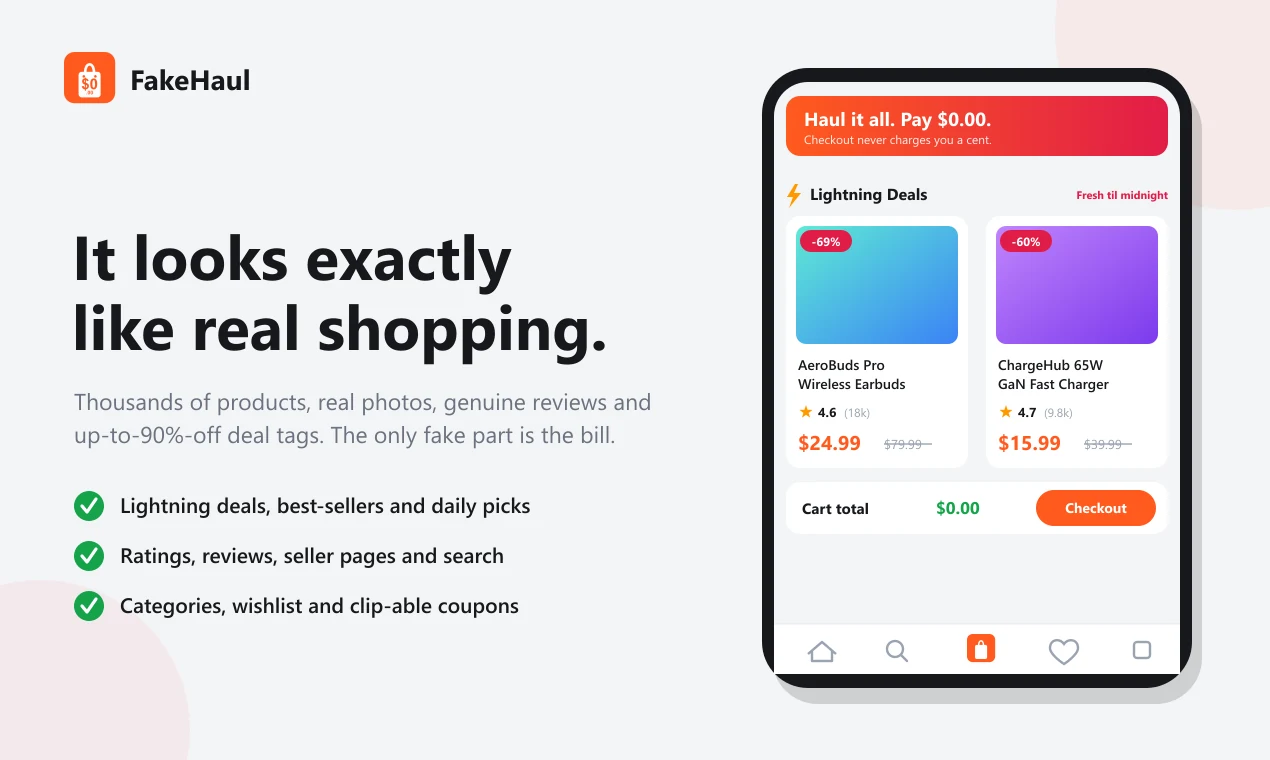 FakeHaul marketplace showing fictional products, lightning deals, ratings, and a $0.00 cart