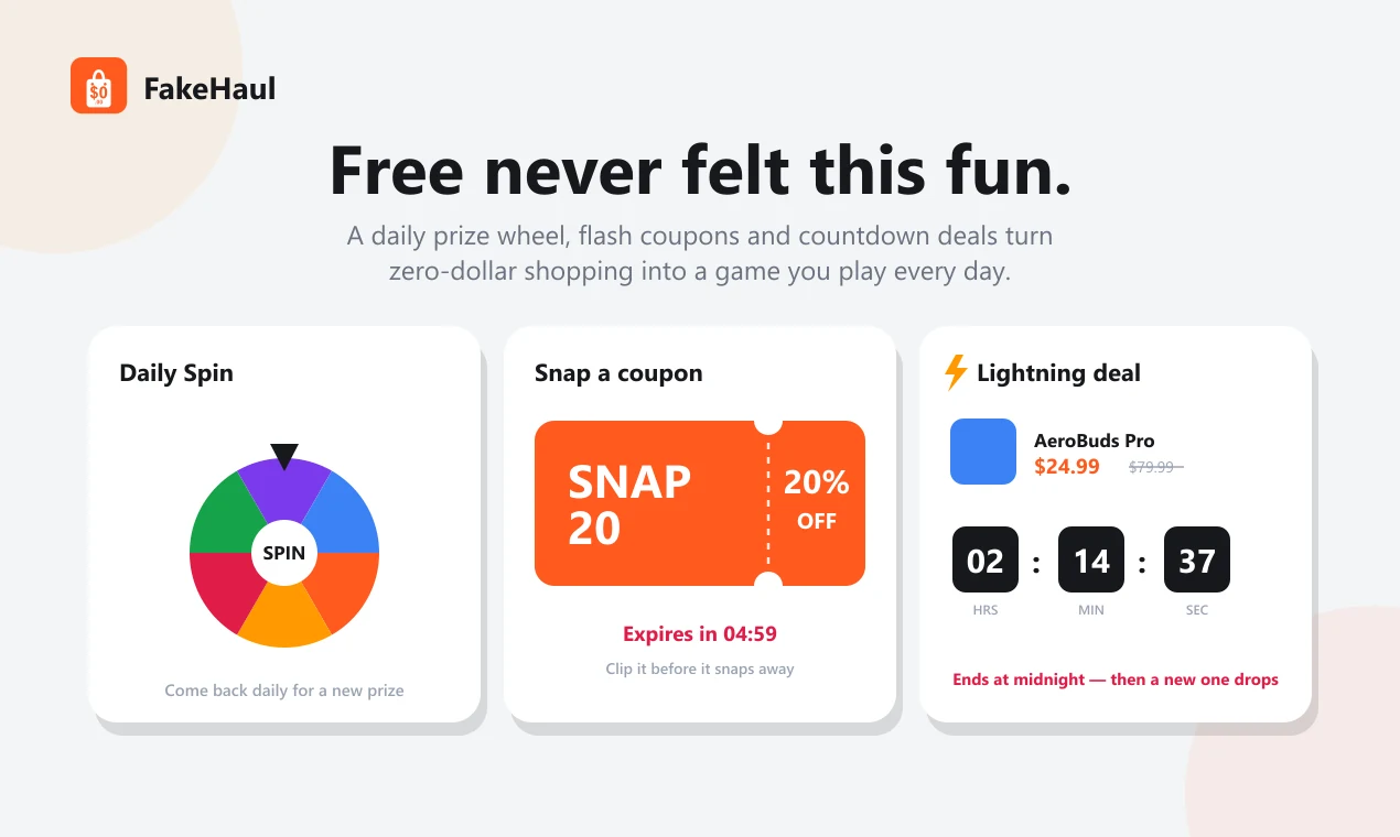 FakeHaul daily spin, expiring coupon, and lightning-deal countdown