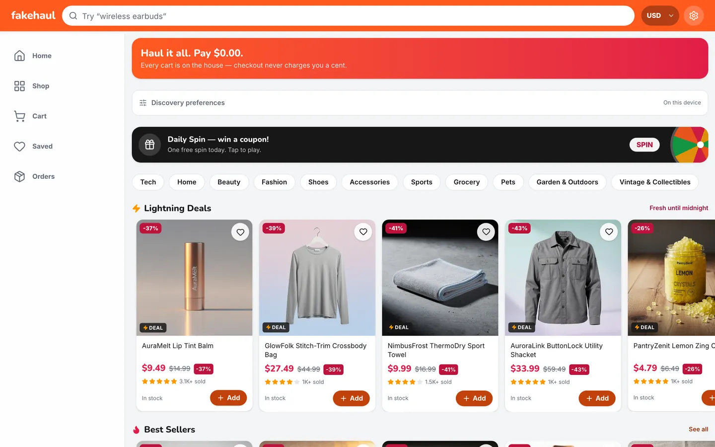 The FakeHaul storefront: a search bar, a banner reading “Haul it all. Pay $0.00.”, the Daily Spin, category pills and a row of Lightning Deals